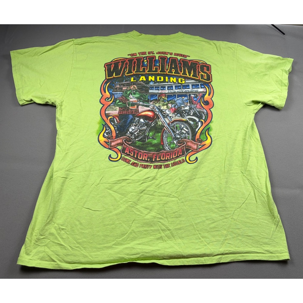 Williams Landing Astor Florida Biker T-Shirt Lime Green Pocket Tee Mens XL